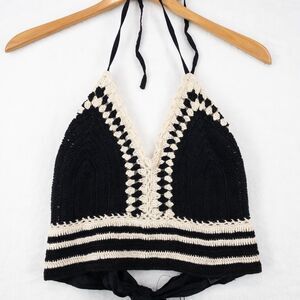 America and Beyond Noire Crochet Crop Top Black Womens Size Large Tie Back